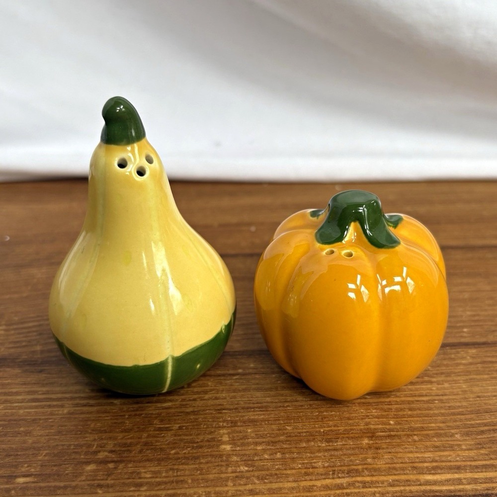 Ceramic Gourd & Pumpkin Salt Pepper Shakers Set 2pc Yellow Green Vegetable